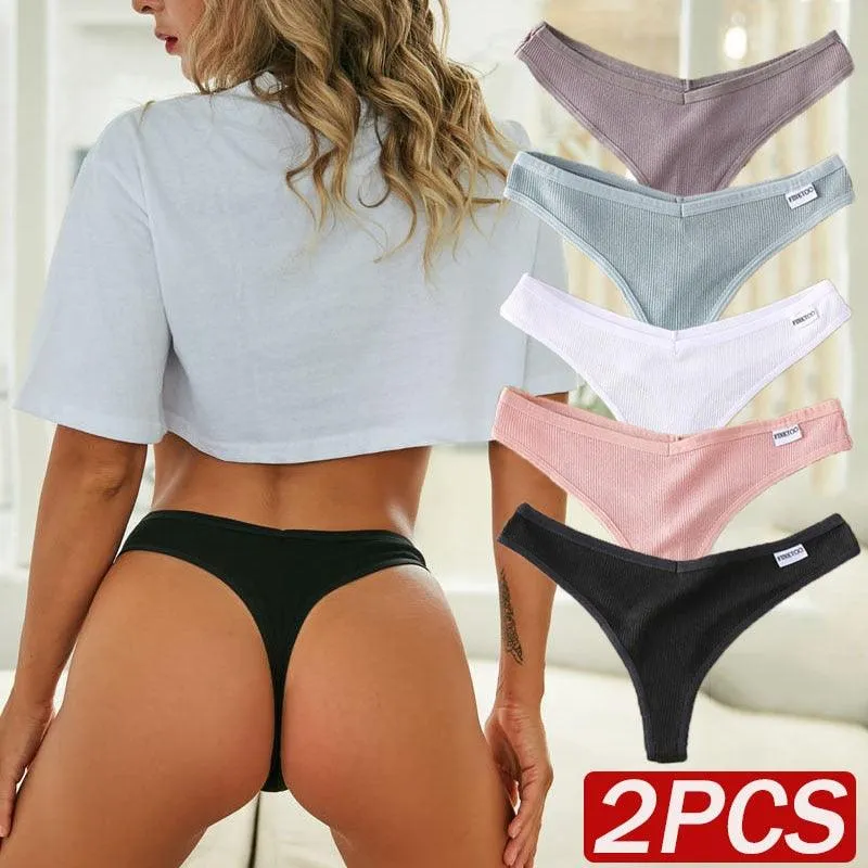 2 Pack Cotton Mix G-string Thong Underwear V Waist Panties Underpants Intimates Lingerie Briefs