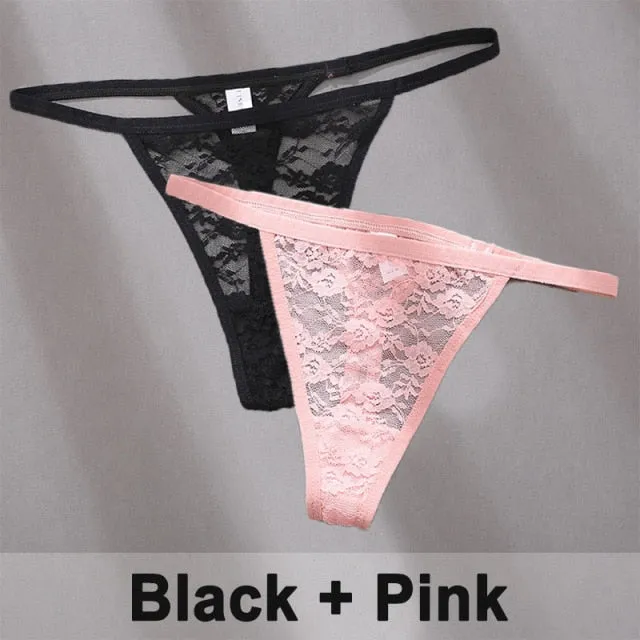 2 pack Women's Underwear Lace Panties Floral Lingerie Panties Thong G-String Pantys Perspective Intimates