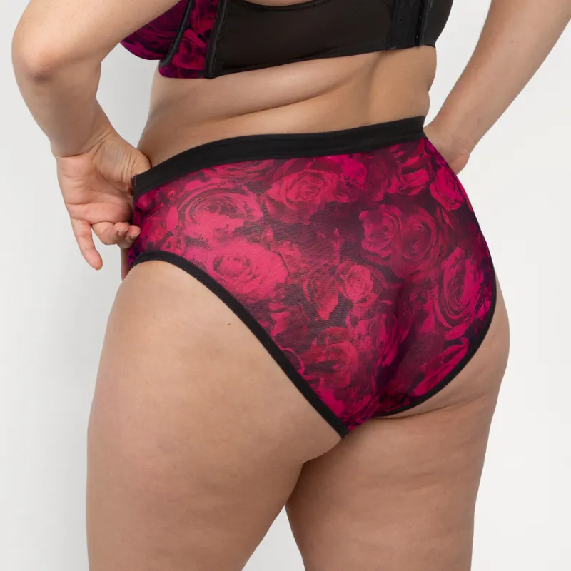 Curvy Couture Sheer Mesh High Cut Brief Dramatic Roses