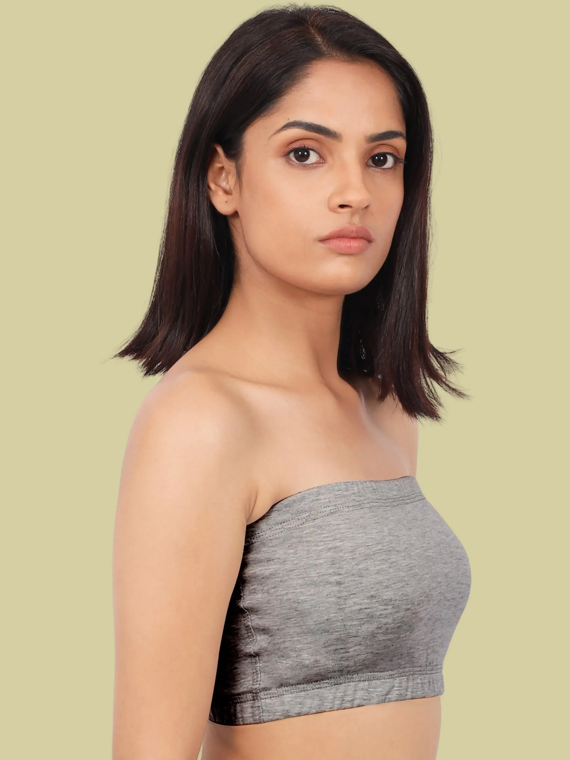 Double-Layer Cotton Strapless Bra | Non-Padded Bandeau Bra | Solid Skin & Grey