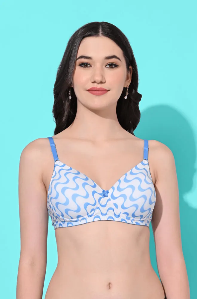 FIMS Fashion Padded Non-Wired Full Cup Aesthetic Print bra Sky Blue Color