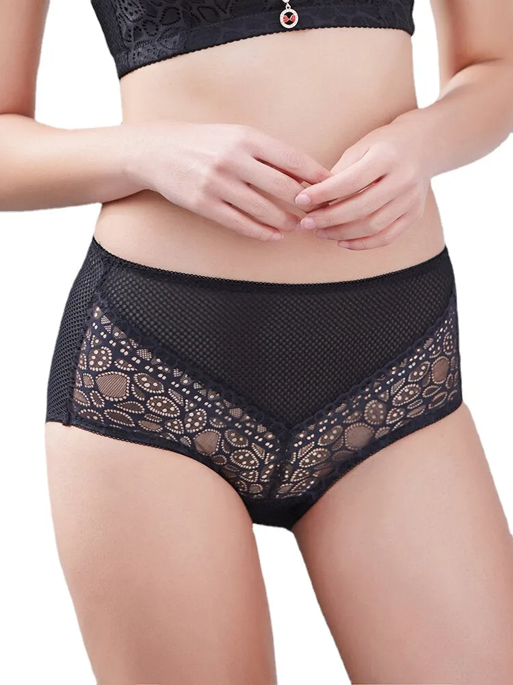 Lace Mesh Middle Waisted Breathable Seamless Full Hip Panties