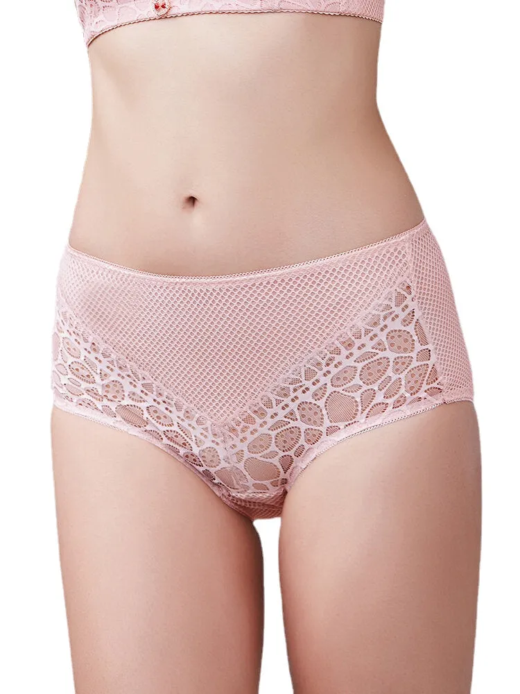 Lace Mesh Middle Waisted Breathable Seamless Full Hip Panties