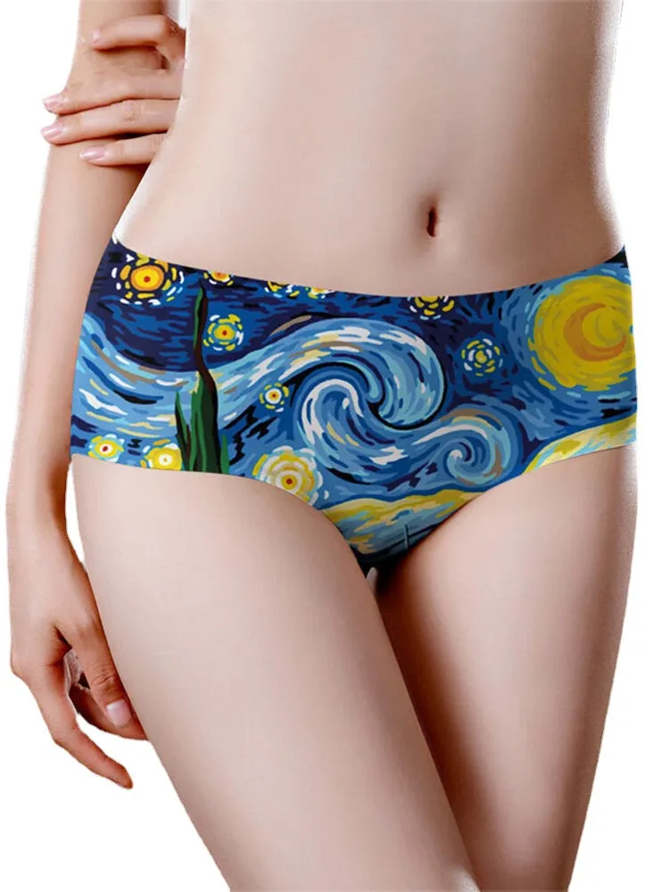 Seamless Women Oil Painting Starry Sky Print Mid Waisted Breathable Panties