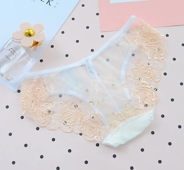 Sexy Seamless Sheer Low Waist Net Yarn Panties With Seductive Embroidery