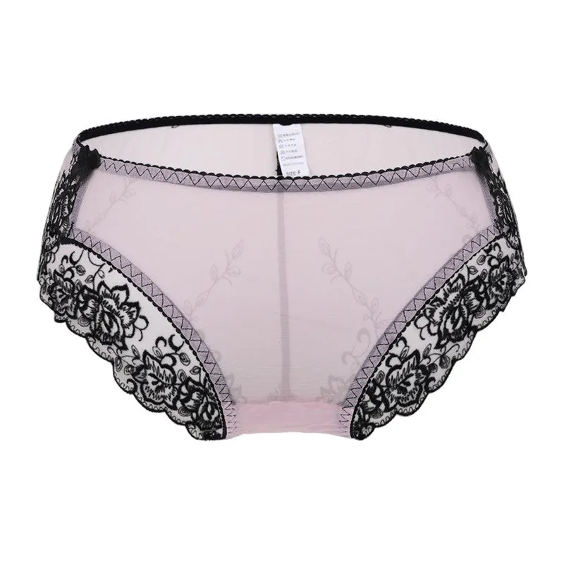 Sexy Seamless Sheer Low Waist Net Yarn Panties With Seductive Embroidery