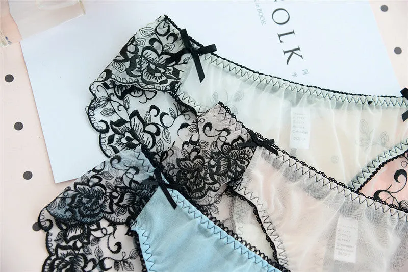 Sexy Seamless Sheer Low Waist Net Yarn Panties With Seductive Embroidery