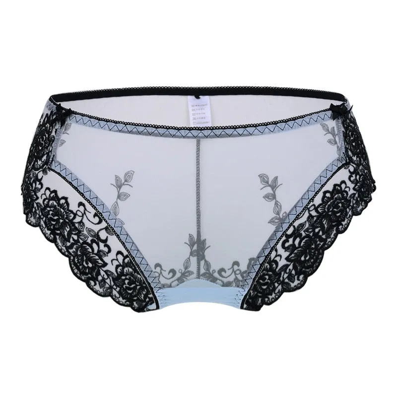 Sexy Seamless Sheer Low Waist Net Yarn Panties With Seductive Embroidery