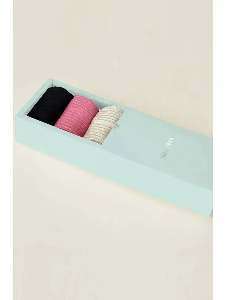 Stems - Silky Ribbed Socks Gift Box (Ivory/Black/Pink)