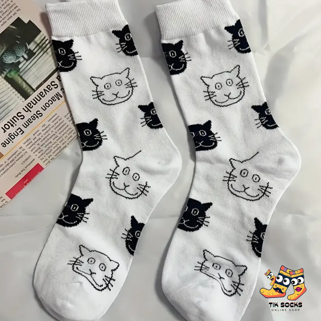 TikSocks|Fun Socks-Cat Print White Socks