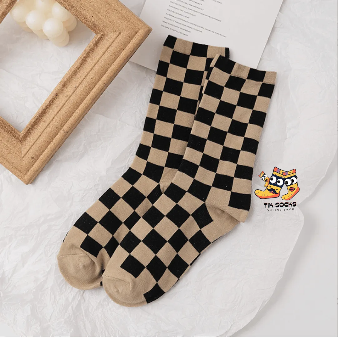 TikSocks|Fun Socks-Chessboard Sock-Black Khaki