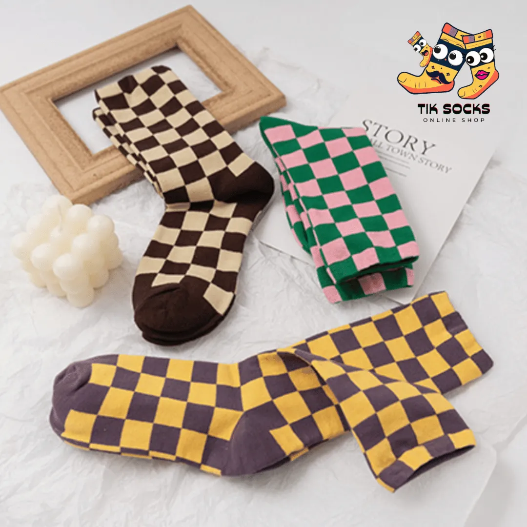 TikSocks|Fun Socks-Chessboard Sock-Black Khaki