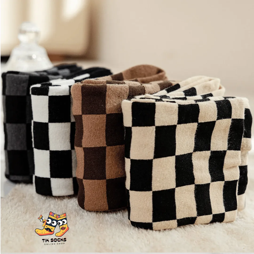 TikSocks|Fun Socks-Chessboard Sock-Black Khaki