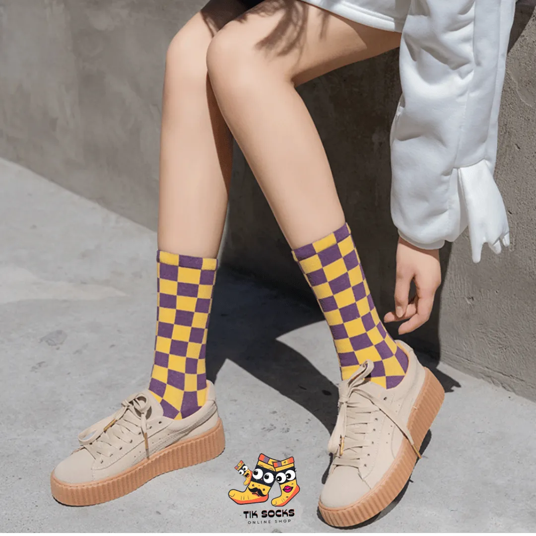 TikSocks|Fun Socks-Chessboard Sock-Yellow Purple