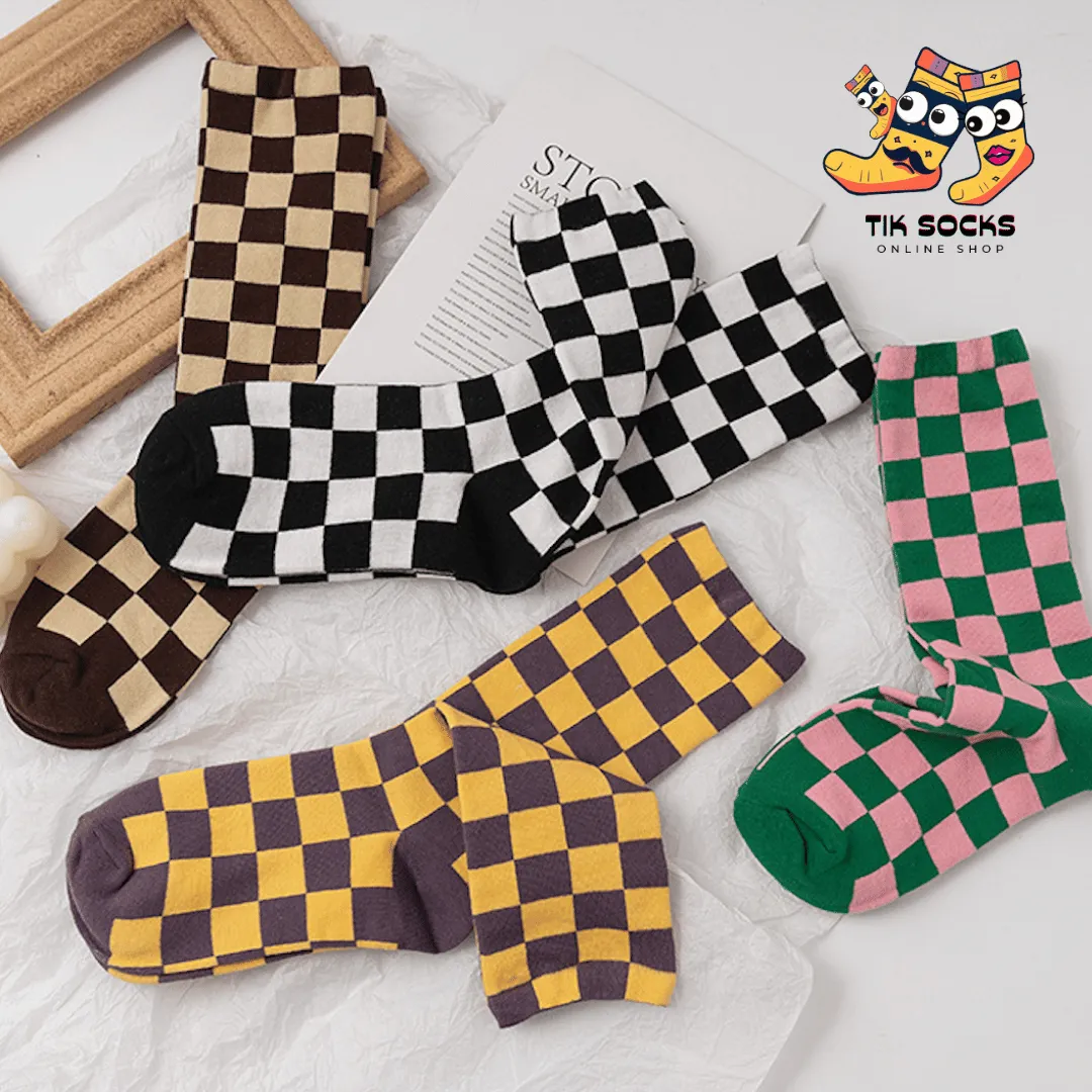 TikSocks|Fun Socks-Chessboard Sock-Yellow Purple