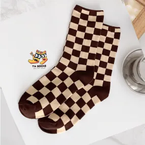 TikSocks|Fun Socks-Chessboard Socks-White Khaki