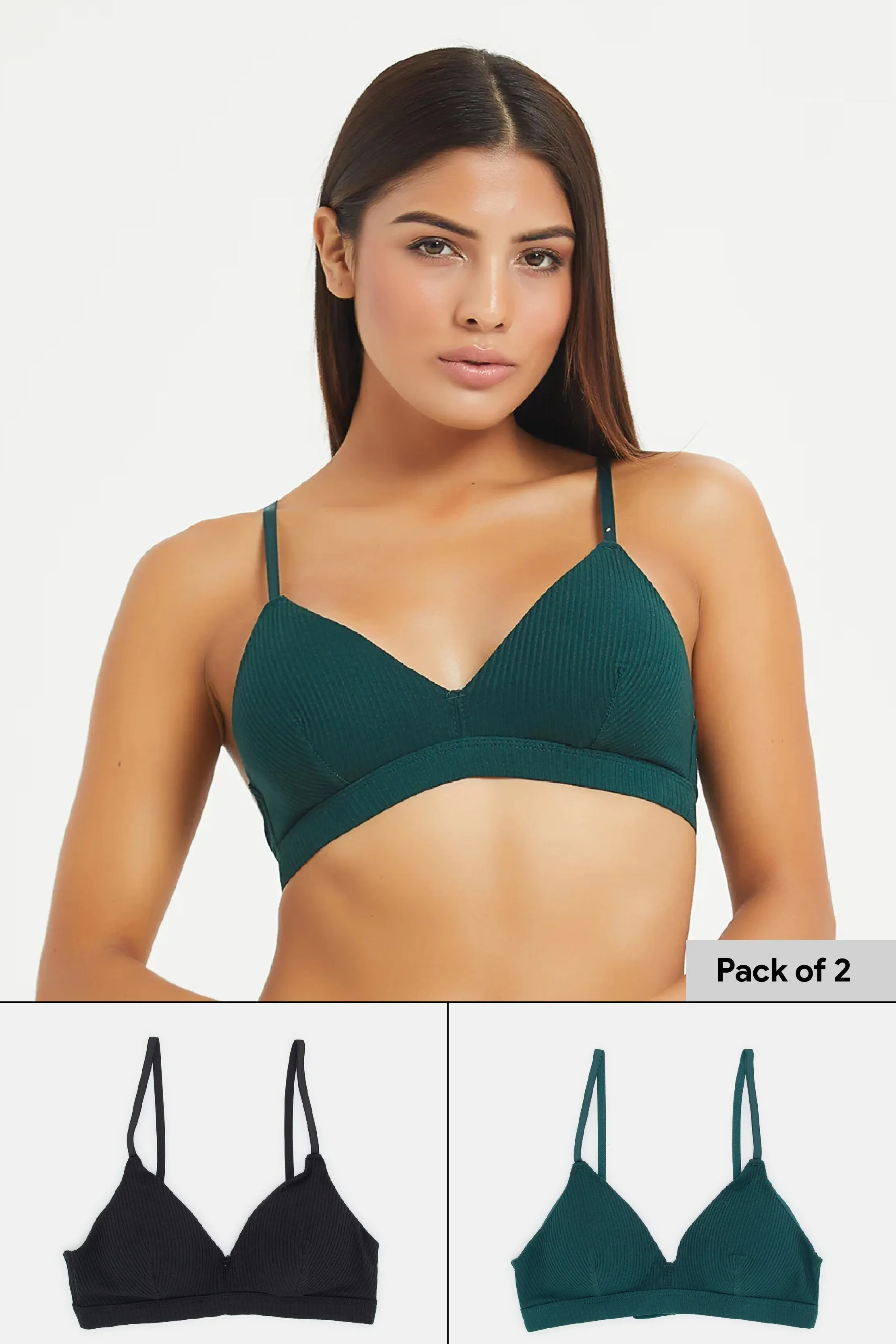 Women Green And Black Non-Wired Bra Set (Pack Of 2)